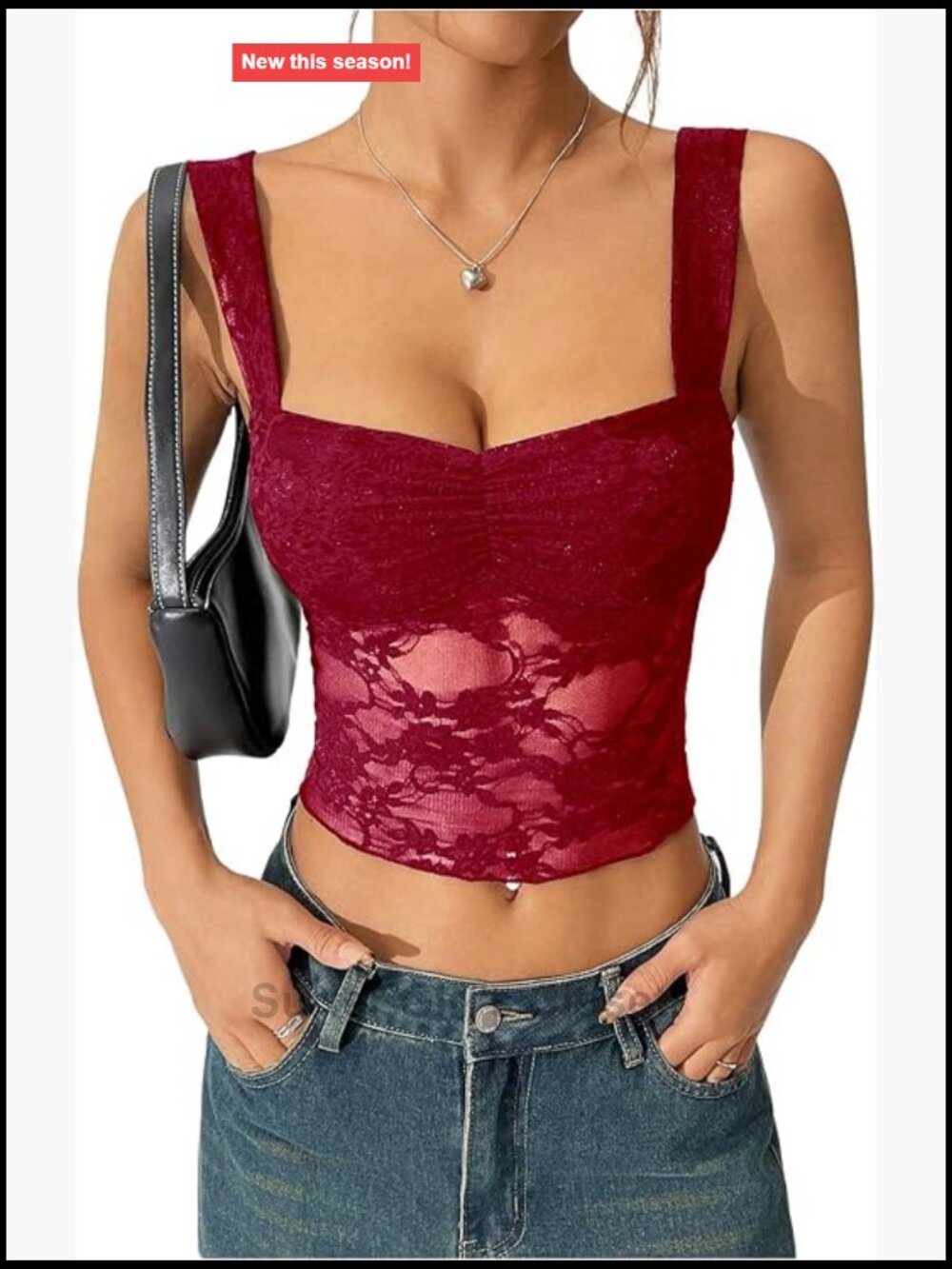 Women's Lace Sweetheart Neck Ruched Sheer Tank Top Sleeveless Crop